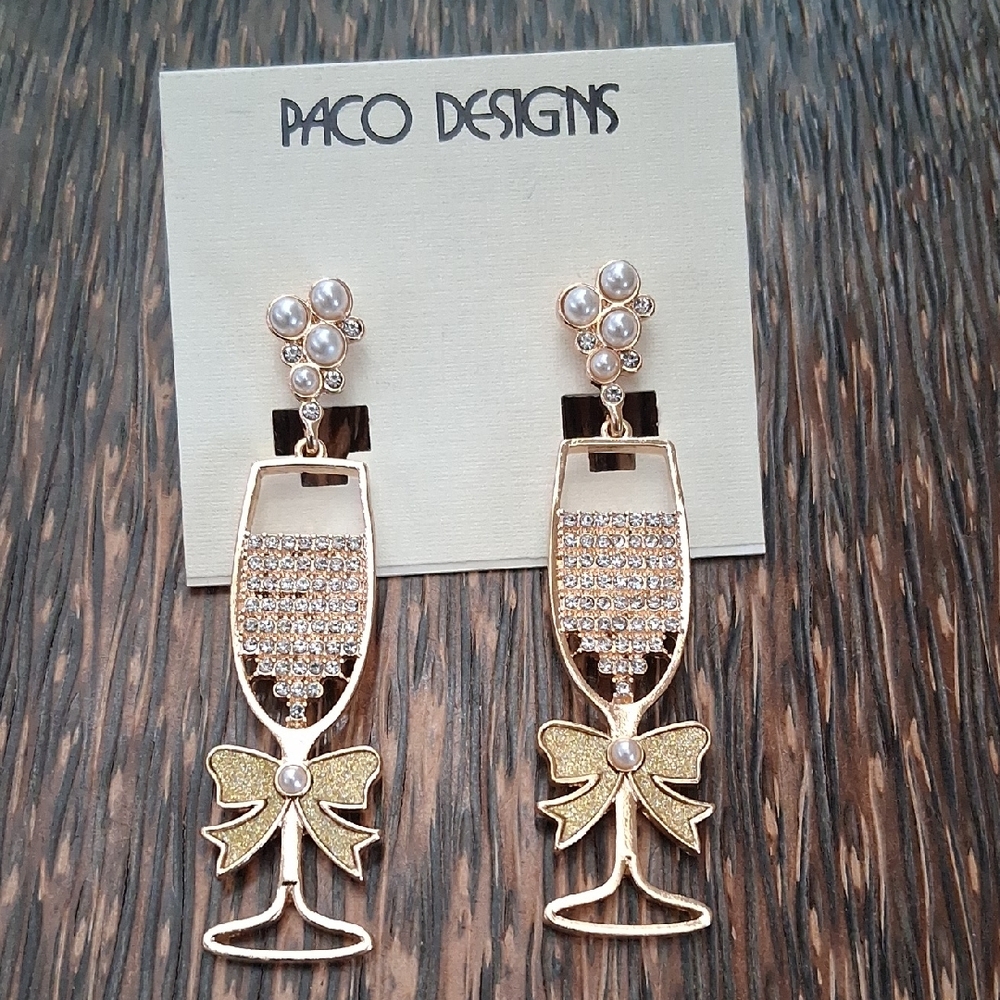Gold Bow & Crystal Drop Earrings with Pearls